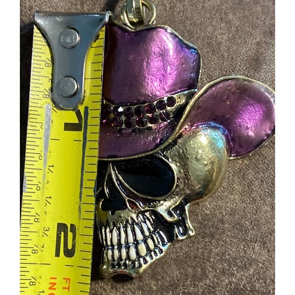 Purple Cowboy Hat Skull Pendant Necklace Charm Gold Tone Metal Rhinestone Accent - Picture 6 of 10
